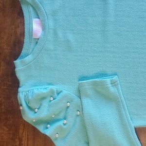 Turquoise blue green puff shoulder soft fuzzy beaded sweater